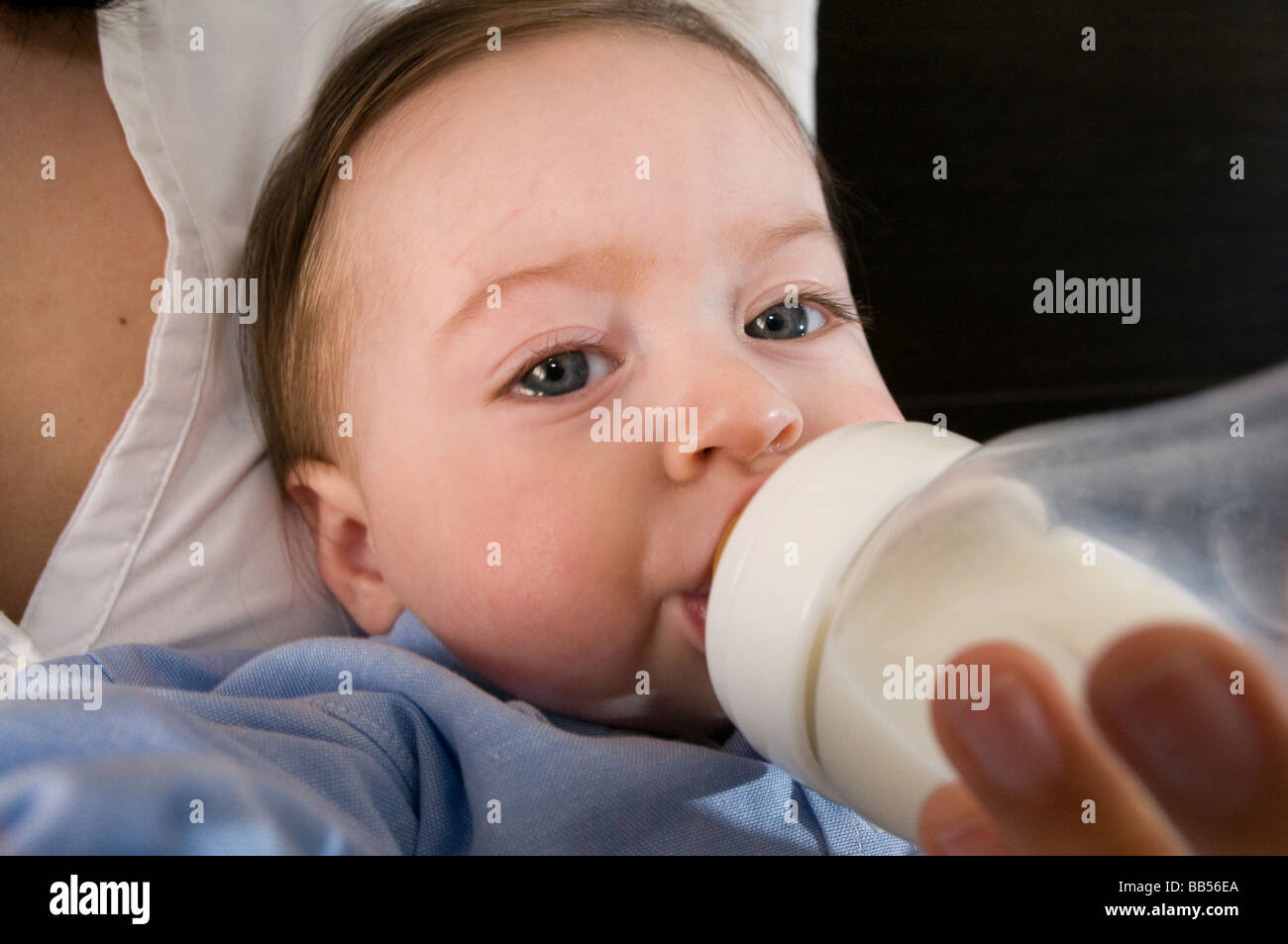 6 Monate altes Baby trinken Milch aus der Flasche Stockfoto