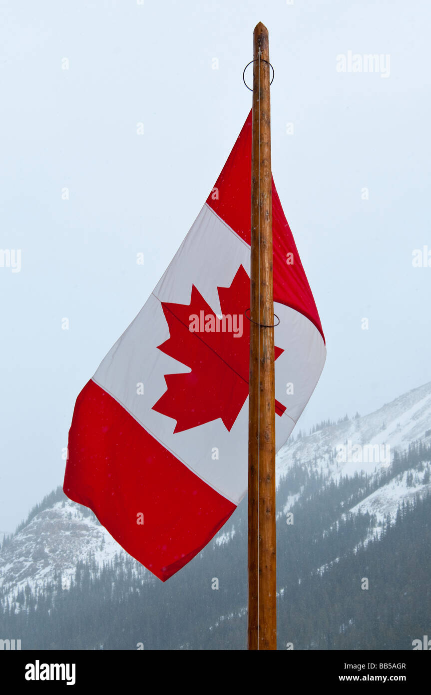 Die Maple Leaf Nationalflagge Kanadas angenommen in 1965 flattert in den Schnee und Wind im Lake Louise Mountain Resort Stockfoto