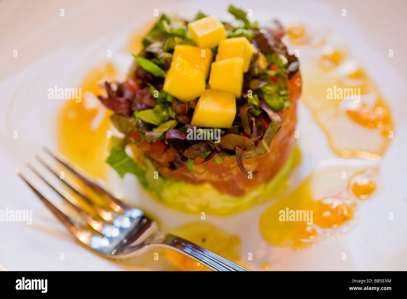 Ahi-Tartar mit Zitrus-Vinaigrette auf einem Bett von Avocado Wasserzeichen Restaurant Ventura Kalifornien Vereinigte Staaten von Amerika Stockfoto