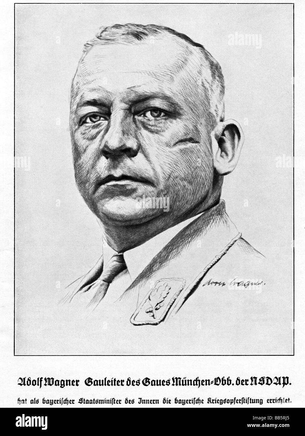 Wagner, Adolf, 1.10.1890 - 12.4.1944, deutscher Politiker (NSDAP), Gauleiter von München-Oberbayern 1.11.1930 - 12.4.1944, Porträt, Zeichnung, 1930er Jahre, Stockfoto