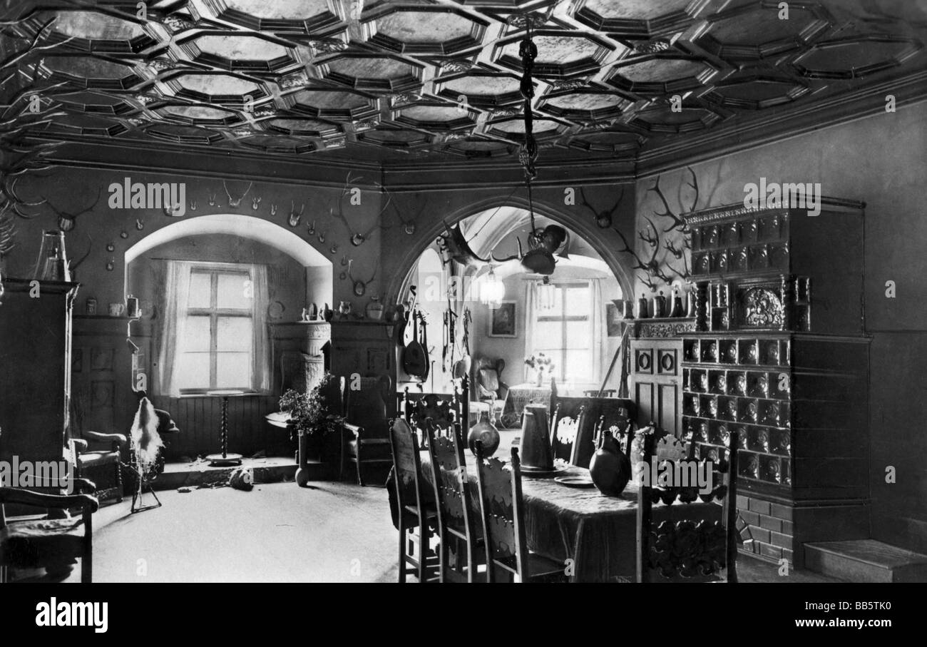 Architektur, Schlösser, Deutschland, Bayern, Schloss Lauenstein, Innenansicht, Jagdzimmer, Postkarte, Verlag Ernst Assmus, Leipzig, ca. 1935, Stockfoto