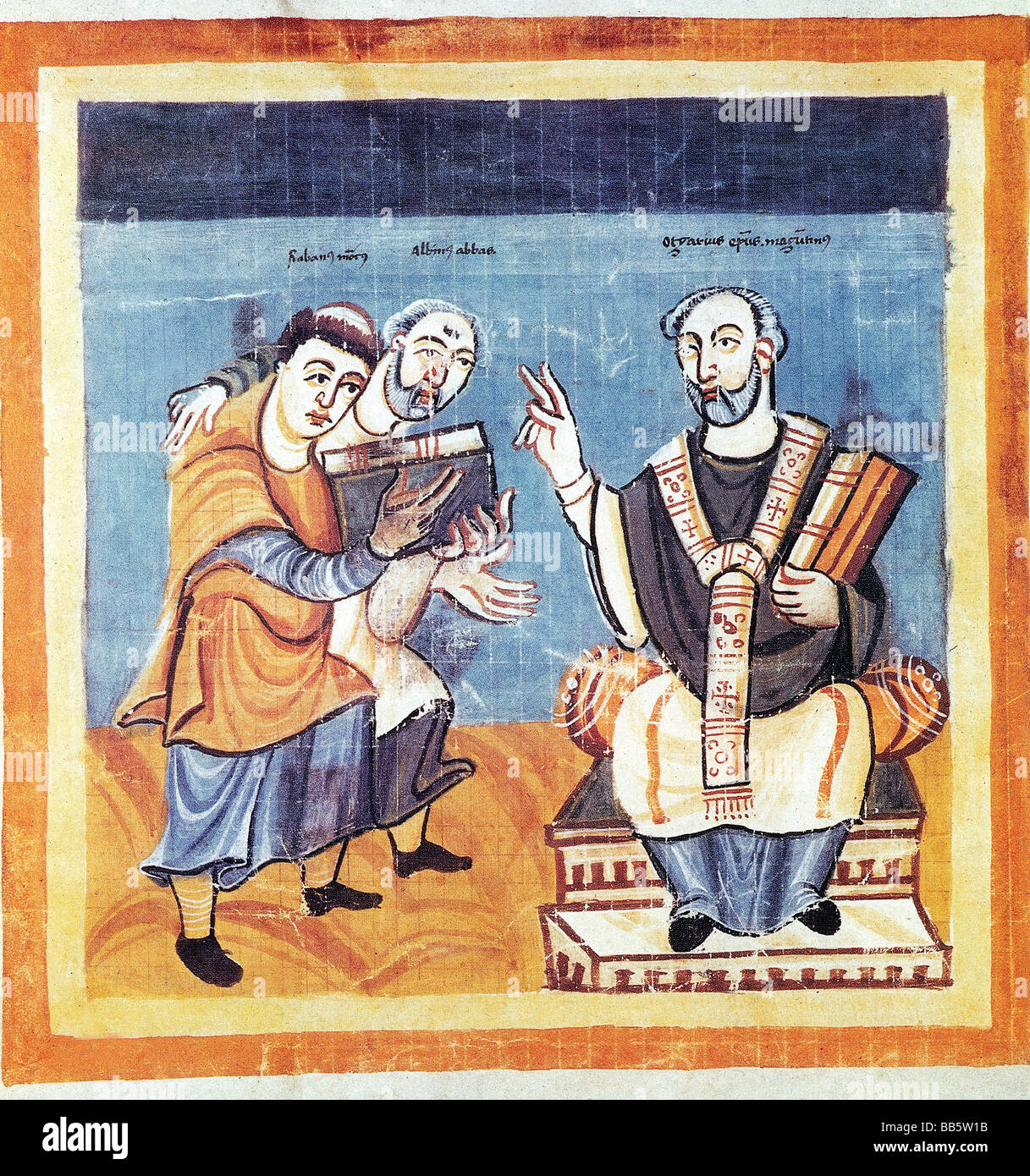 Rabanus Maurus, 780 - 4.2.856, deutscher Geistlicher, Erzbischof von Mainz 847 - 856, volle Länge, mit Alkuin und Otgar von Mainz, Fuldaer Handschrift, Österreichische Nationalbibliothek, Wien, Stockfoto