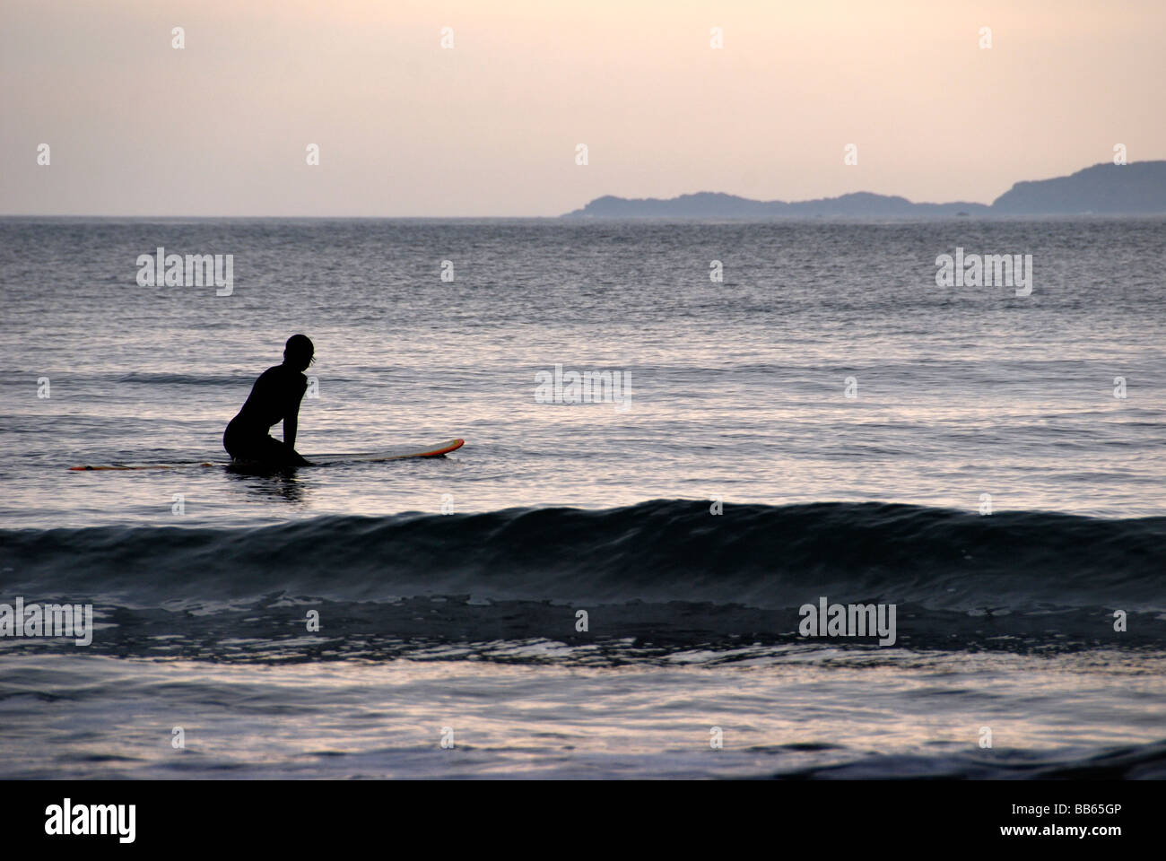 Surfer sitzt an Bord warten auf Welle am Strand in Wales im schönen Abendlicht Stockfoto