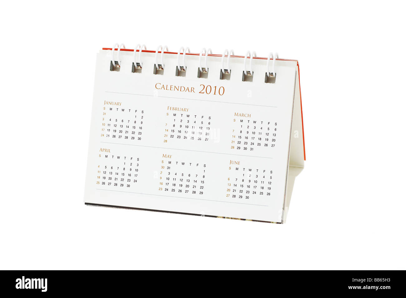 Jahr 2010 Desktop-Kalendermonat Januar bis Juni Stockfoto