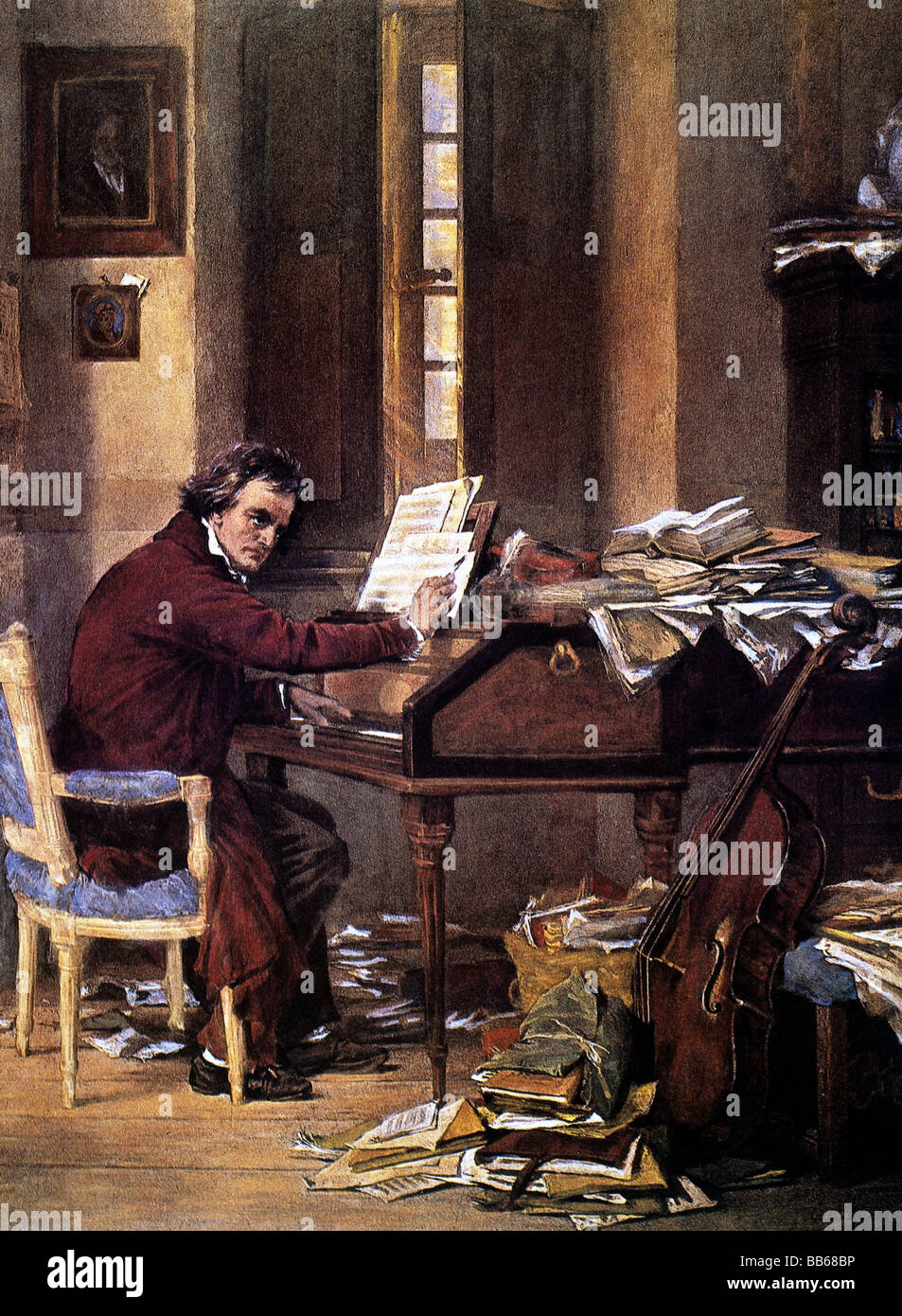 Beethoven, Ludwig van, 17.12.1770 - 26.3.1827, deutscher Komponist, halbe Länge, am Werk, Historiengemälde von Carl Schlöser, 19. Jahrhundert, Stockfoto