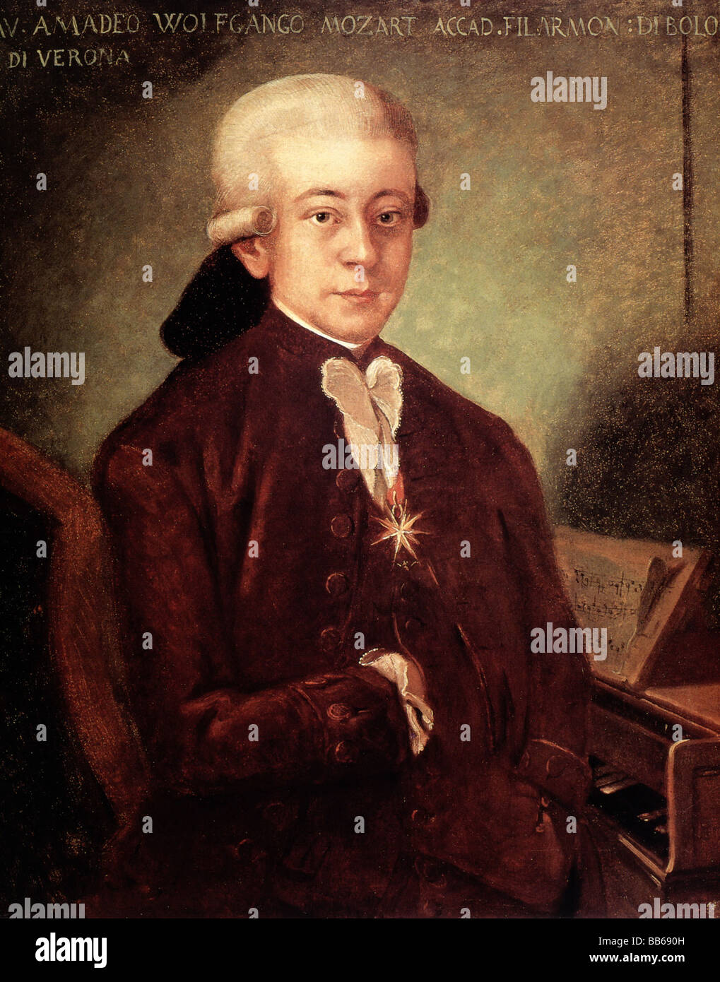 Mozart, Wolfgang Amadeus, 27.1.176 - 5.12.1701, österreichischer Komponist, als Ritter des Orden vom goldenen Sporn, Malerei, Kopie, Stockfoto