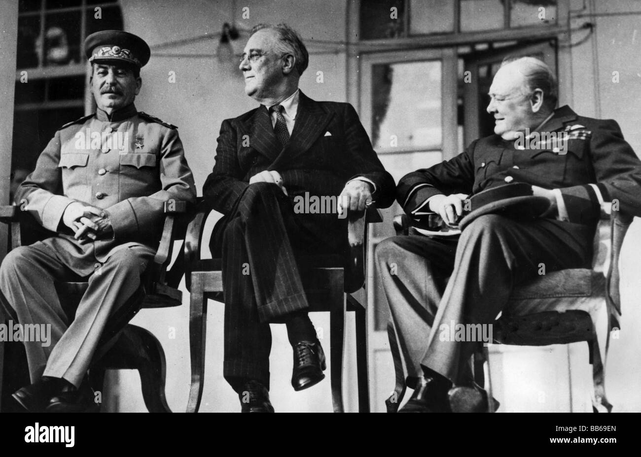 Veranstaltungen, Zweiter Weltkrieg/zweiter Weltkrieg, Konferenzen, Teheran-Konferenz, 28.11.1943 - 1.12.1943, Joseph Stalin (UdSSR), Franklin D. Roosevelt (USA), Winston Churchill (GB), Stockfoto