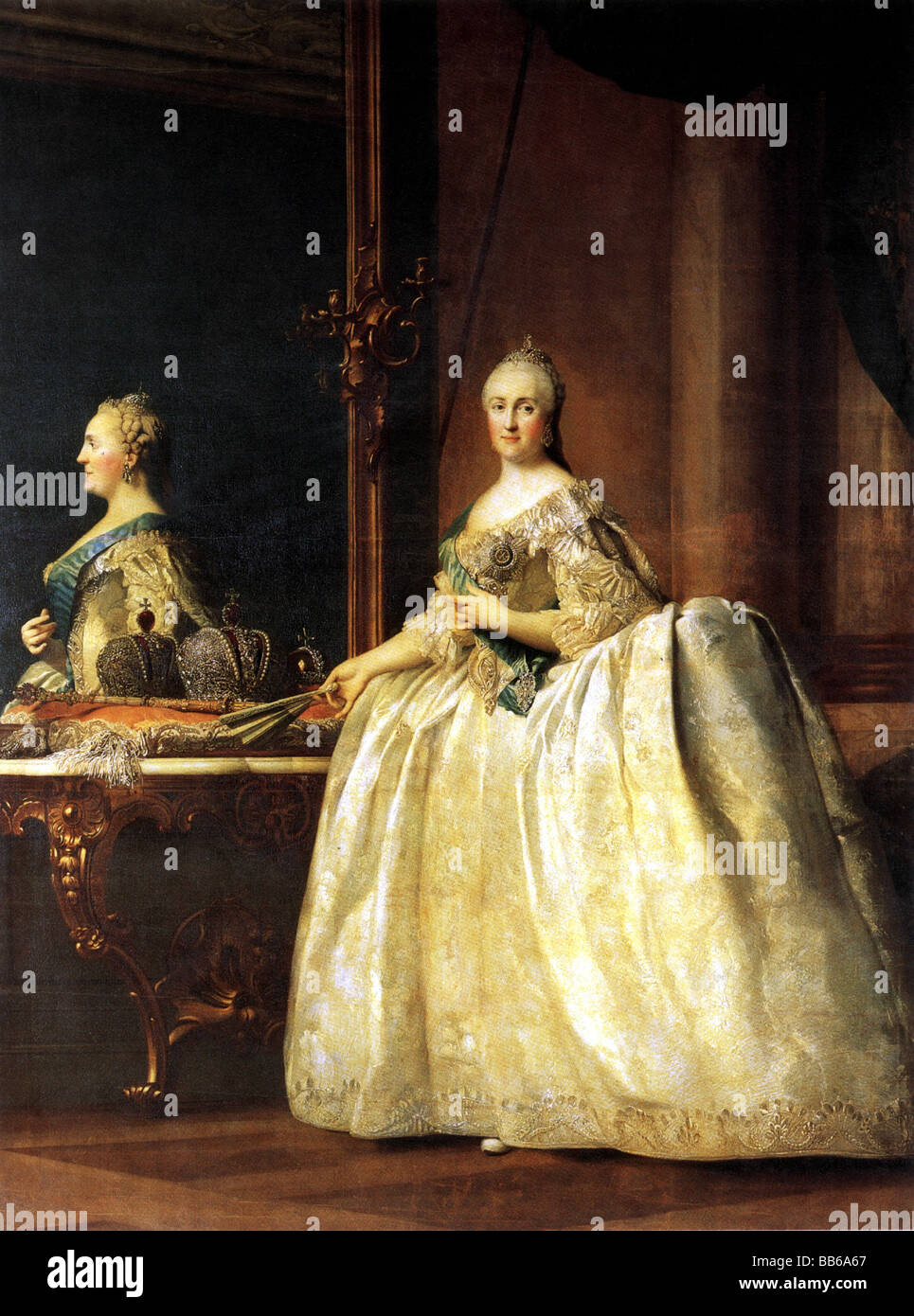 Katharina II., "der Große", 2.5.1729 - 17.11.1796, Kaiserin von Russland 1762 - 1796, volle Länge, vor Spiegel, Gemälde von Vigilius Eriksen (1722-1782), Artist's Urheberrecht nicht gelöscht werden Stockfoto