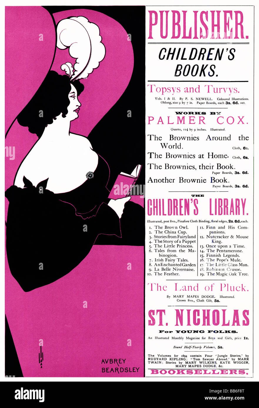 Kinder Bücher Aubrey Beardsley 1895 Poster für die Verlage Unwin und ihre Auswahl an Büchern für Jugendliche Stockfoto