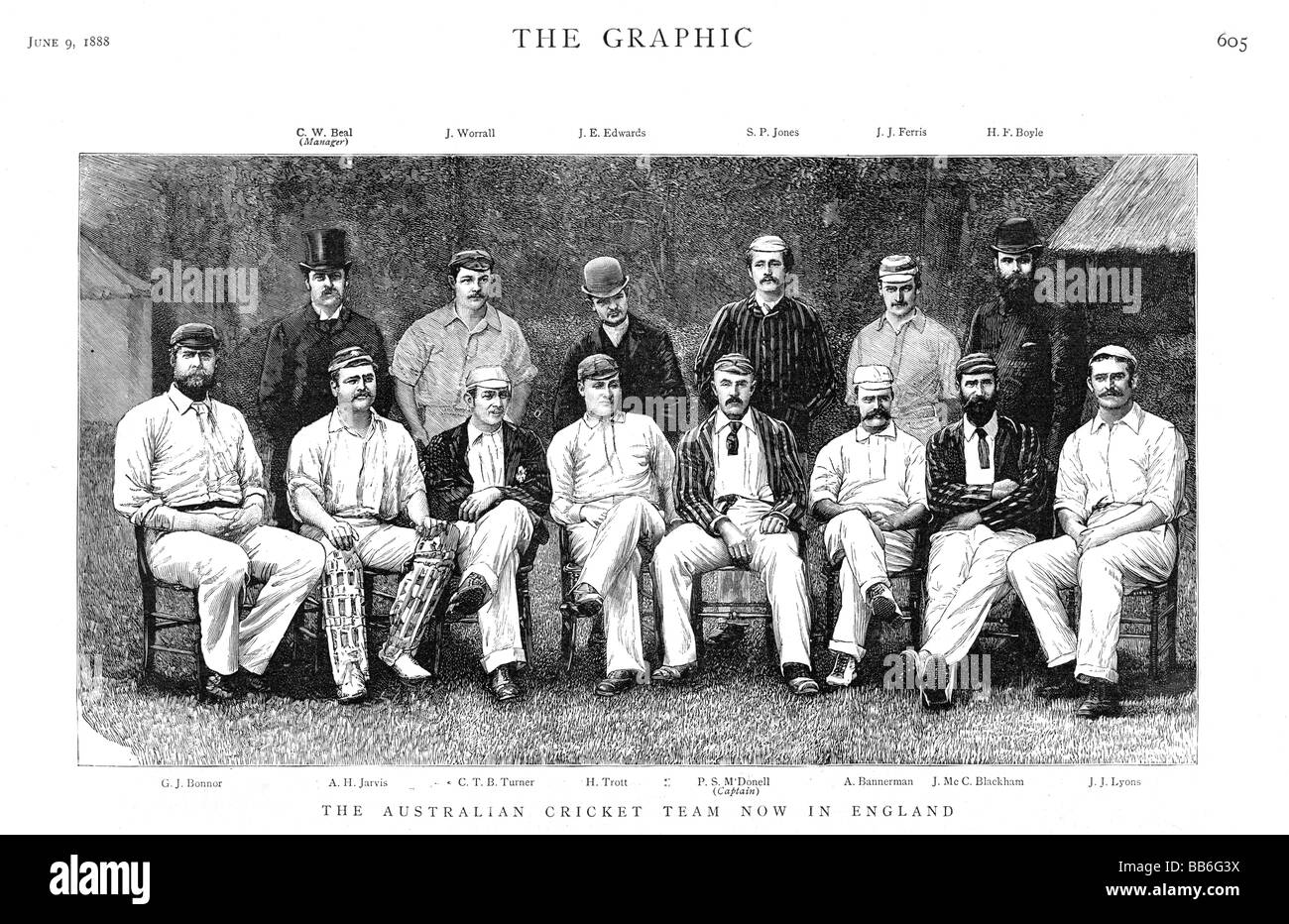 Australische Kricketspieler 1888 Gravur der Asche touring Team in England die Gastgeber gewann die 3 Test-Serie 2: 1 Stockfoto