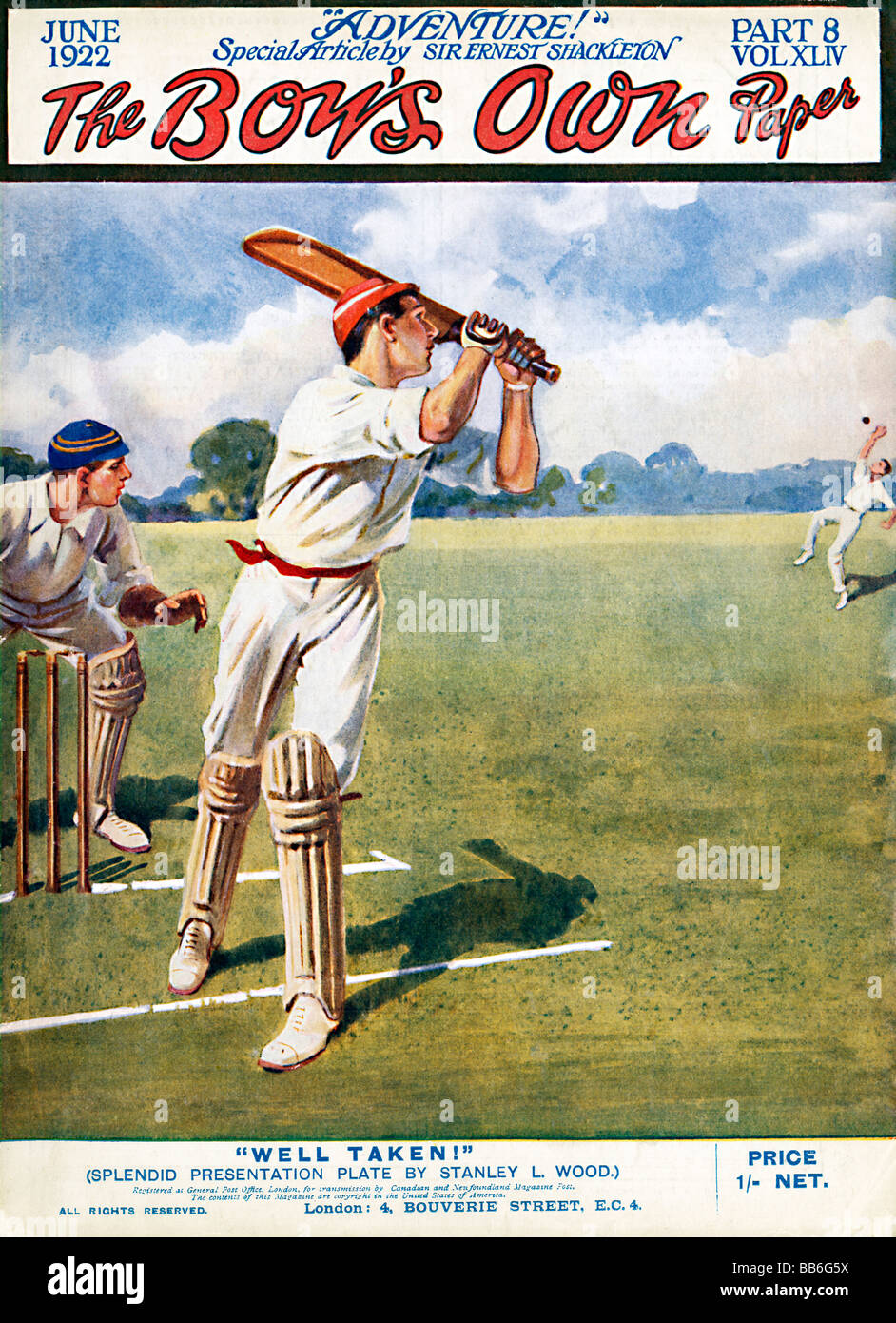Jungen eigenen Cricket 1922 Cover des Magazins mit einer Illustration von einem Schlagmann, an der Grenze erwischt Stockfoto