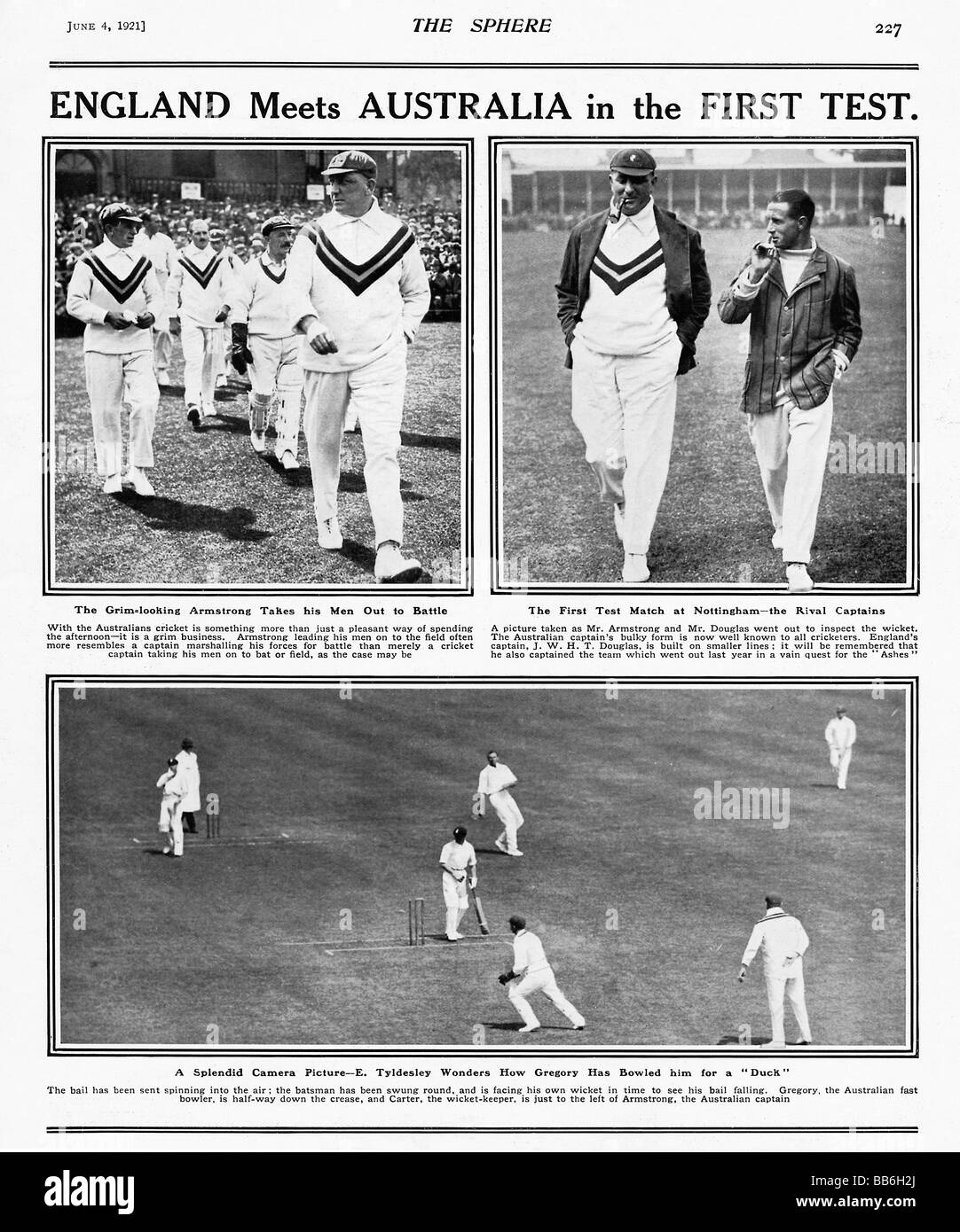 Erste Test 1921 Magazin Ausbreitung der Asche Spiel an der Trent Bridge von der grassierenden australischen Touristen gewonnen Stockfoto
