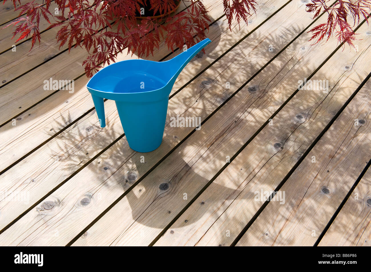 blaue Kunststoff-Gießkanne auf Holz decking Stockfoto