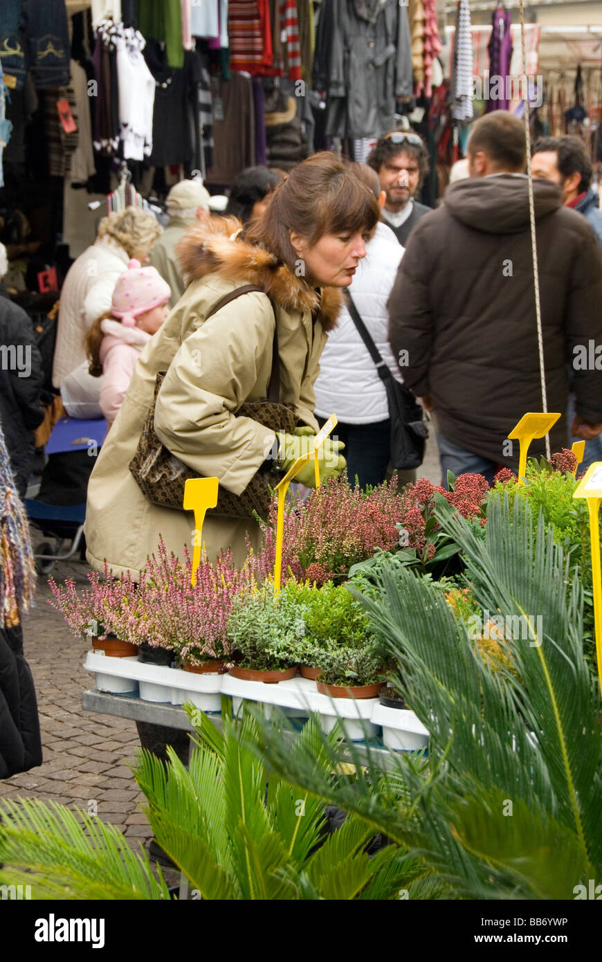 Eine Frau im grünen Mantel und passende grüne Handschuhe vorsichtig wählt Pflanzen an den Greve Samstagsmarkt Stockfoto