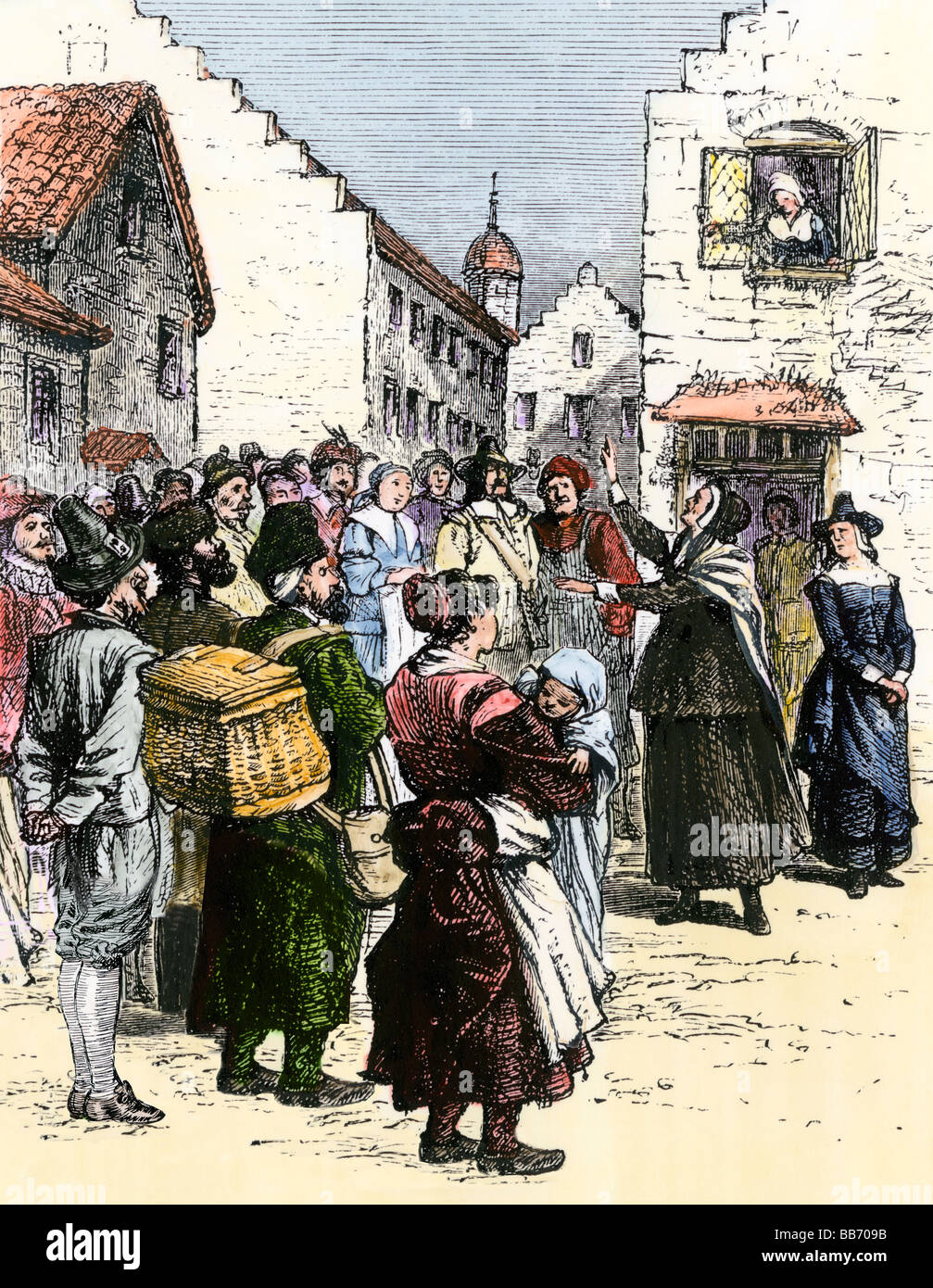 Quaker Frau predigen zu niederländischen Kolonisten in New Amsterdam, jetzt New York City 1600. Hand - farbige Holzschnitt Stockfoto