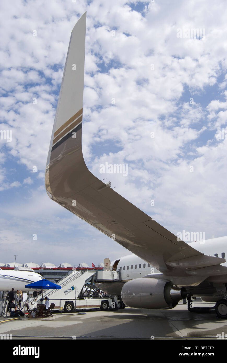 Boeing 737 - 7CG BBJ N737L Businessjet auf Messe EBACE Flugzeuge am Flughafen Genf Schweiz Stockfoto