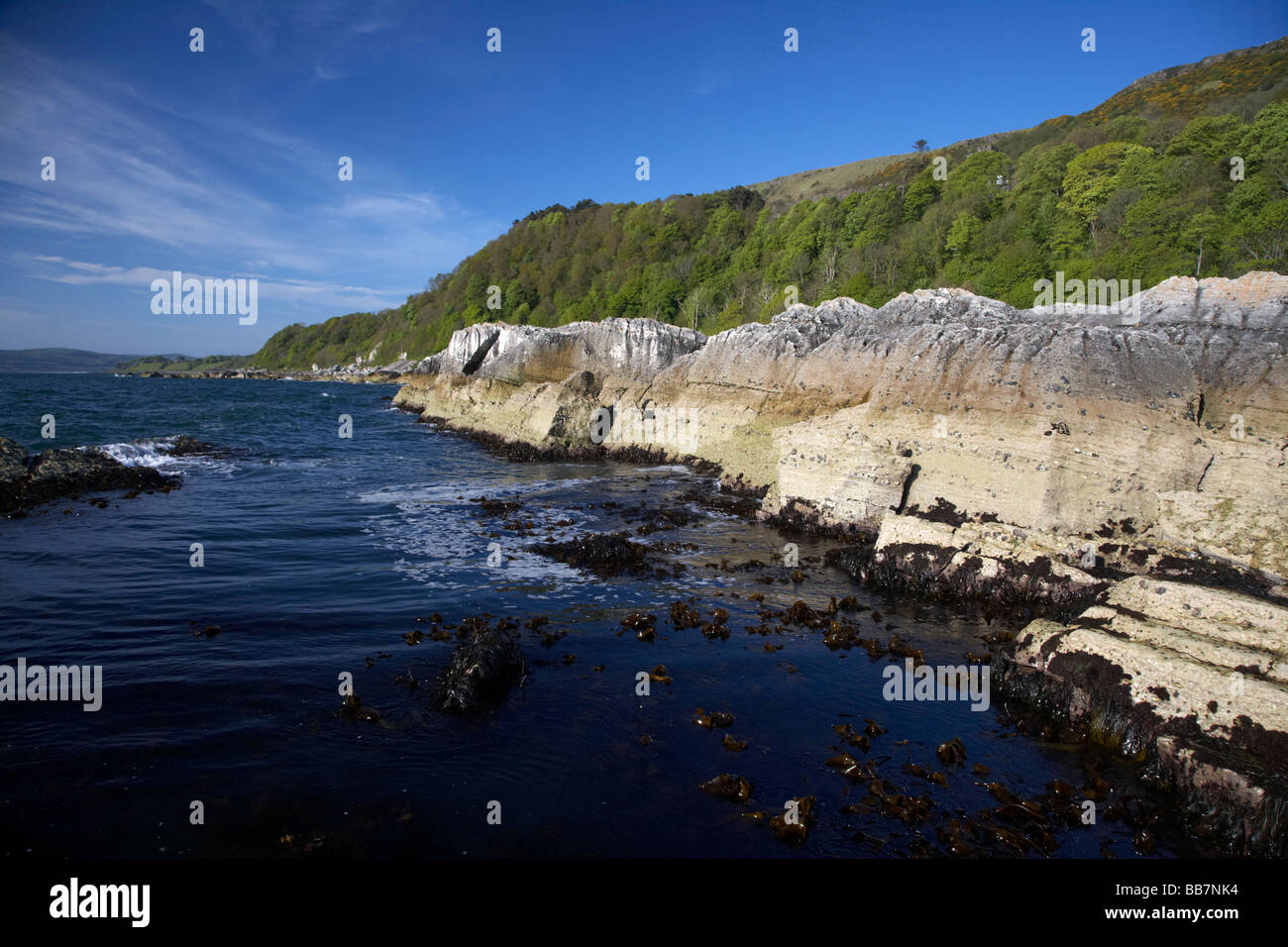 Garron Point unter Kalkstein und Basalt Felsen mit Basalt und Kalkstein sedimentären Felsen Formationen County Antrim Stockfoto