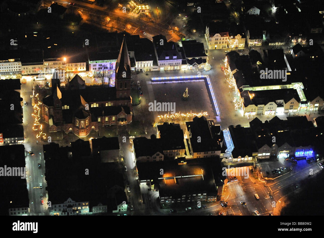 Luftaufnahme, Nacht erschossen, Weihnachtsmarkt, Neheim-Huesten, Arnsberg, Südwestfalen, Hochsauerlandkreis, Nordrhein-Westpha Stockfoto