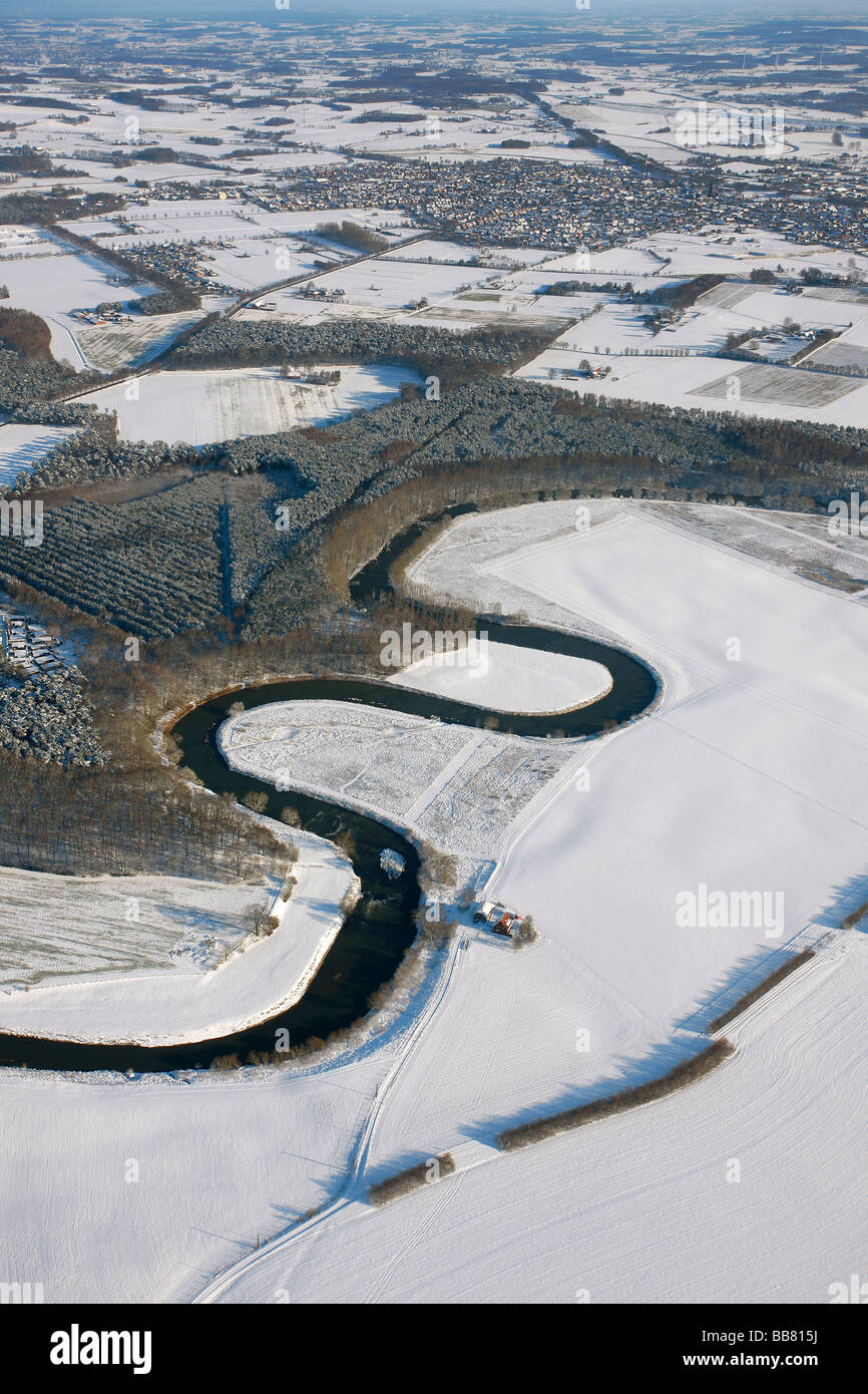 Luftaufnahme, Lippe Freizeitpark Eversum Vergnügungspark, Schnee, Lippe Fluss Sinuosity, pflegt, Ruhrgebiet, Nordrhein-Westfalen, Stockfoto