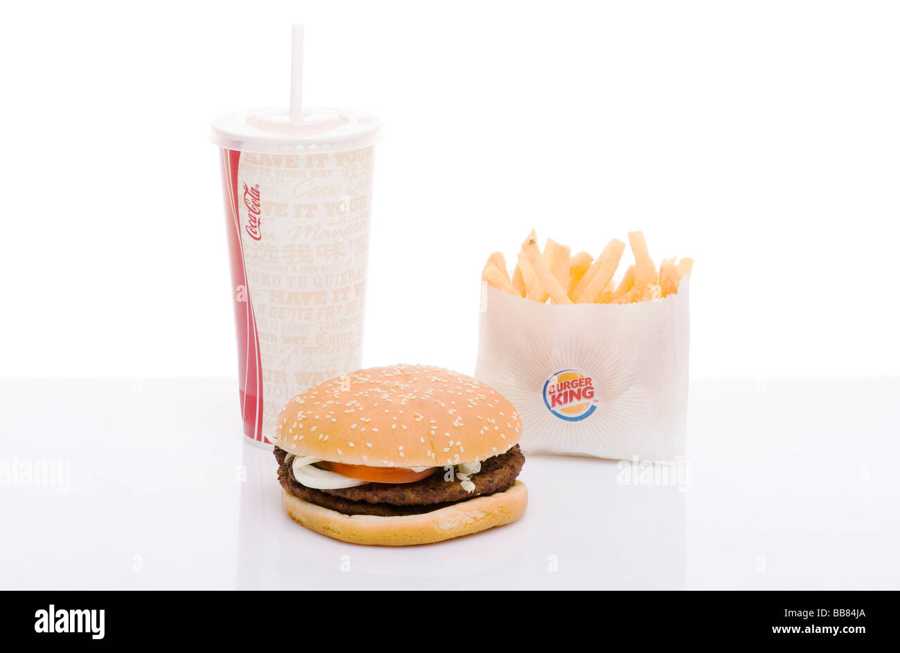 Fast Food, Burger, Pommes frites, Coca Cola, Burger King, Doppelwhopper, Hamburger Stockfoto