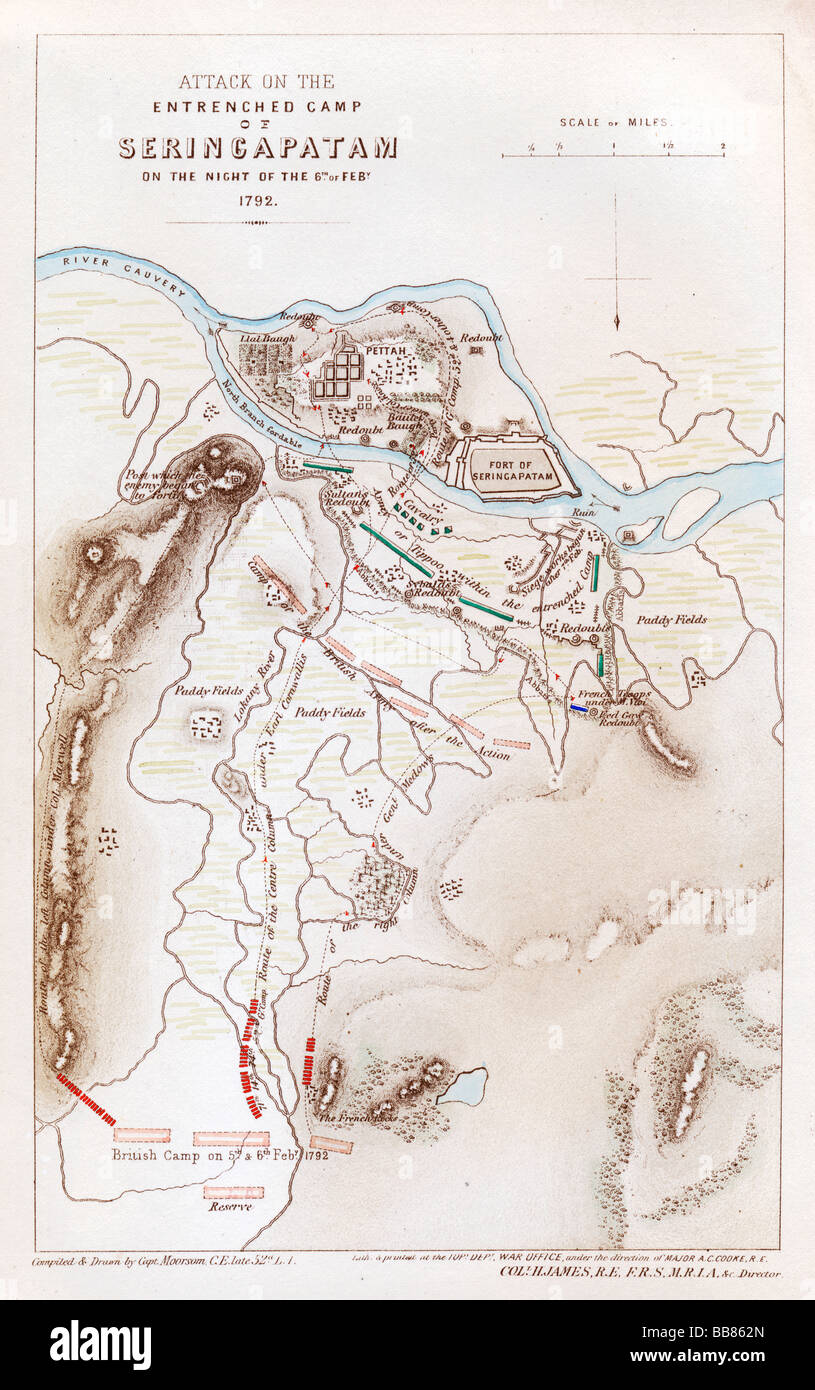 Schlacht von Seringapatan 1792 Karte der Belagerung, die dem dritten Mysore-Krieg der Briten gegen Tipu Sultan beendet Stockfoto