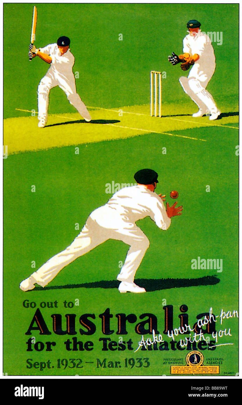 Gehen Sie zu Australien 1932 Plakat für Reisen Down Under für die Asche-Serie eingeführte Bodyline Bowling Stockfoto