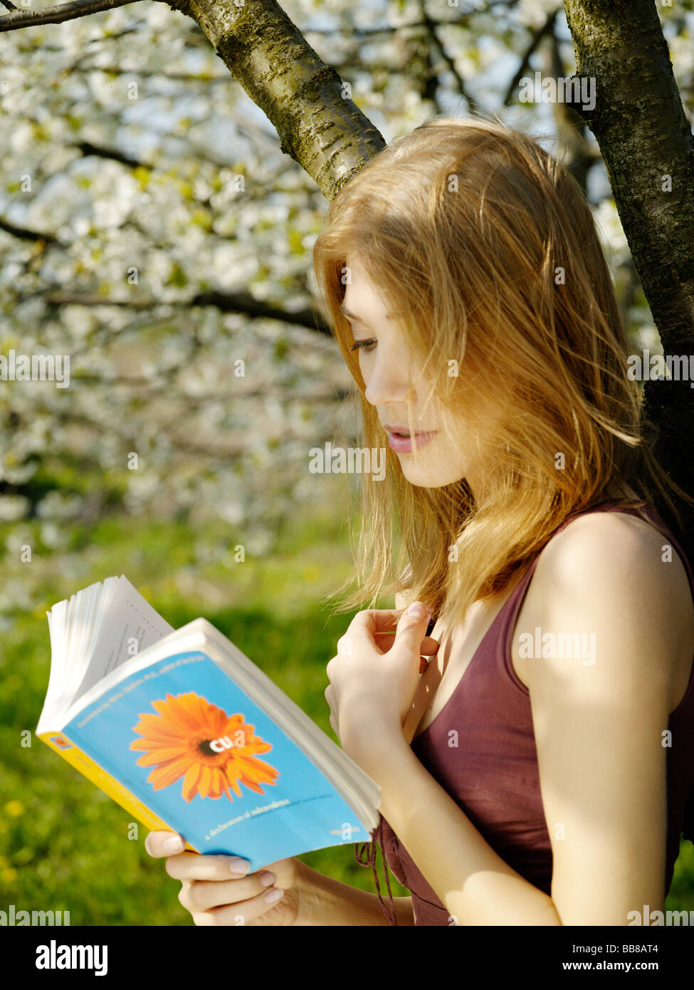 1253166 Menschen Porträt einer Frau 25 30 Jahre Erwachsene blonde Baum halten lesen Buch Abdeckung Blume MIME-Amotions Erstaunen erstaunt inte Stockfoto