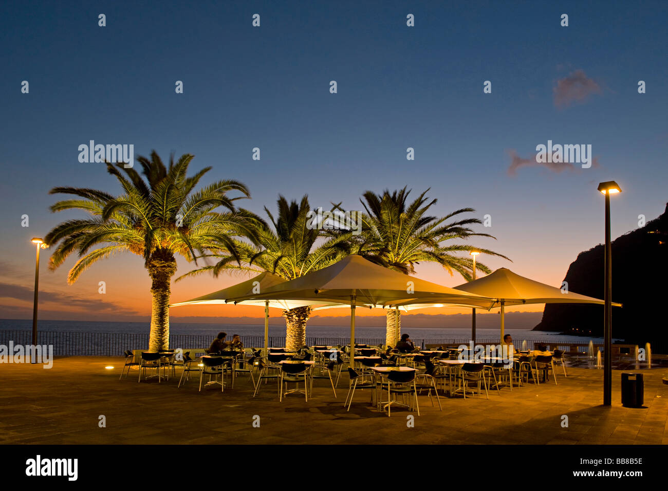 Terrasse eines Restaurants mit Palmen bei Sonnenuntergang, Camara de Lobos, Madeira, Portugal Stockfoto