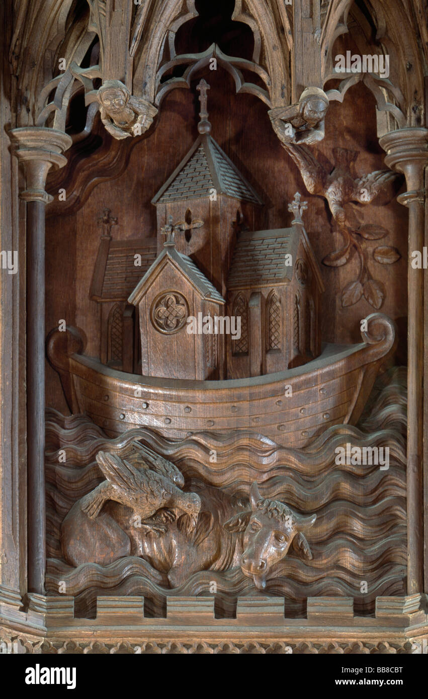Ely Cathedral Choir Baldachin über die Stände, die Darstellung der Arche Noah Stockfoto