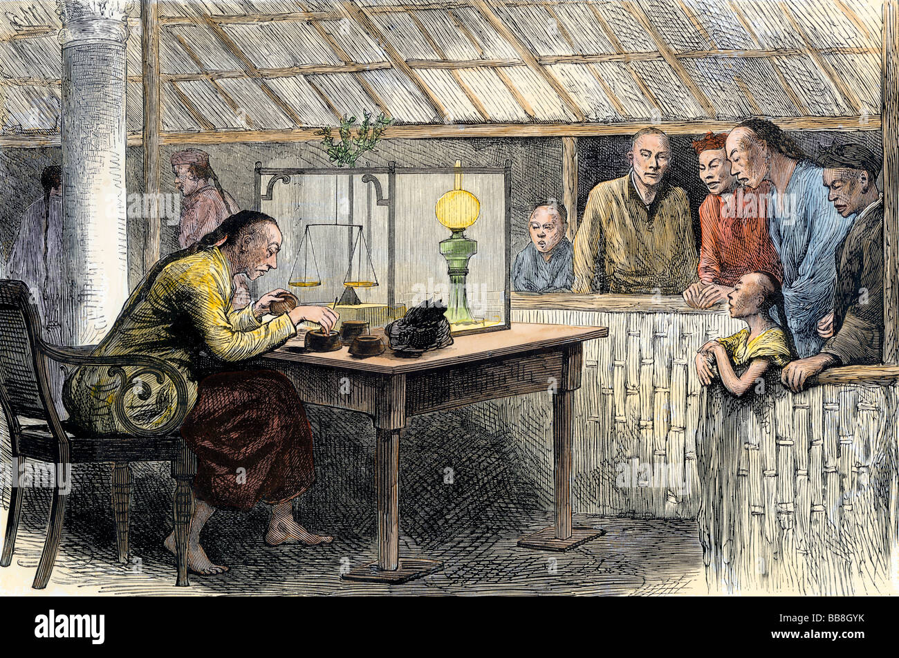 Chinesische Händler wiegen Opium 1880. Handcolorierte halftone einer Abbildung Stockfoto