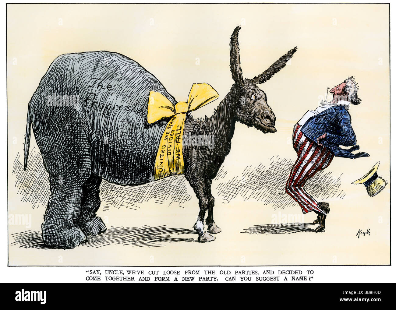 Progressive Republikaner melden Sie altmodische Demokraten Uncle Sam zu Überraschung 1900. Hand - farbige Holzschnitt Stockfoto
