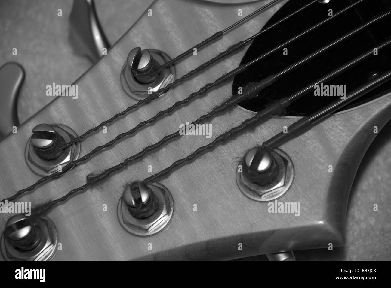 Bass-Gitarre Kopfplatte mit tuning, Heringe und Zeichenfolge endet Stockfoto