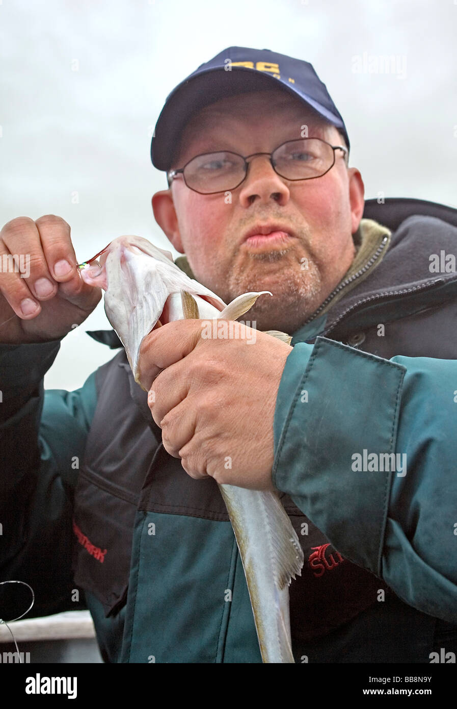 Fischer mit Kabeljau in Händen zieht Gesicht in die Kamera Stockfoto