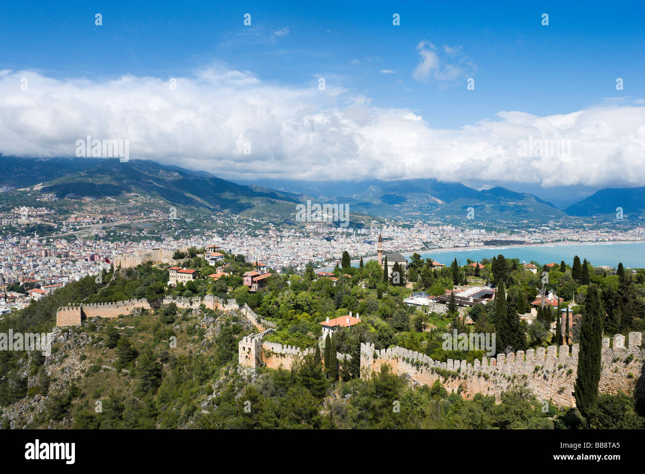 Blick über die Stadt vom Inneren Schloß (Ic Kale), Alanya, Mittelmeerküste, Türkei Stockfoto