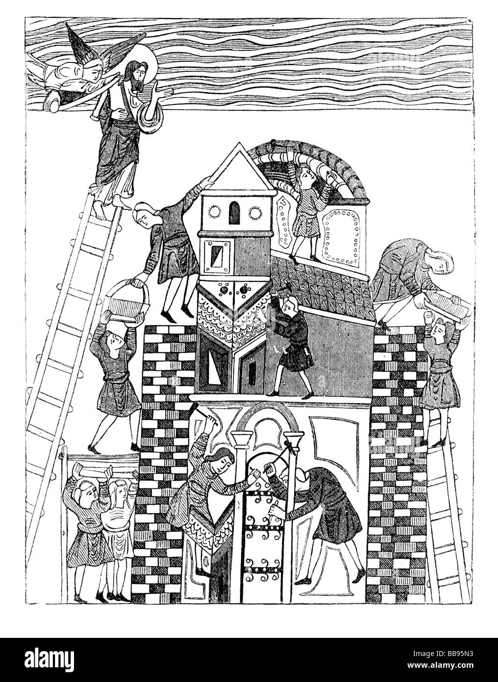 Der Bau des Turms von Babel Illustration aus einer angelsächsischen Handschrift aus dem 11. Jahrhundert Stockfoto