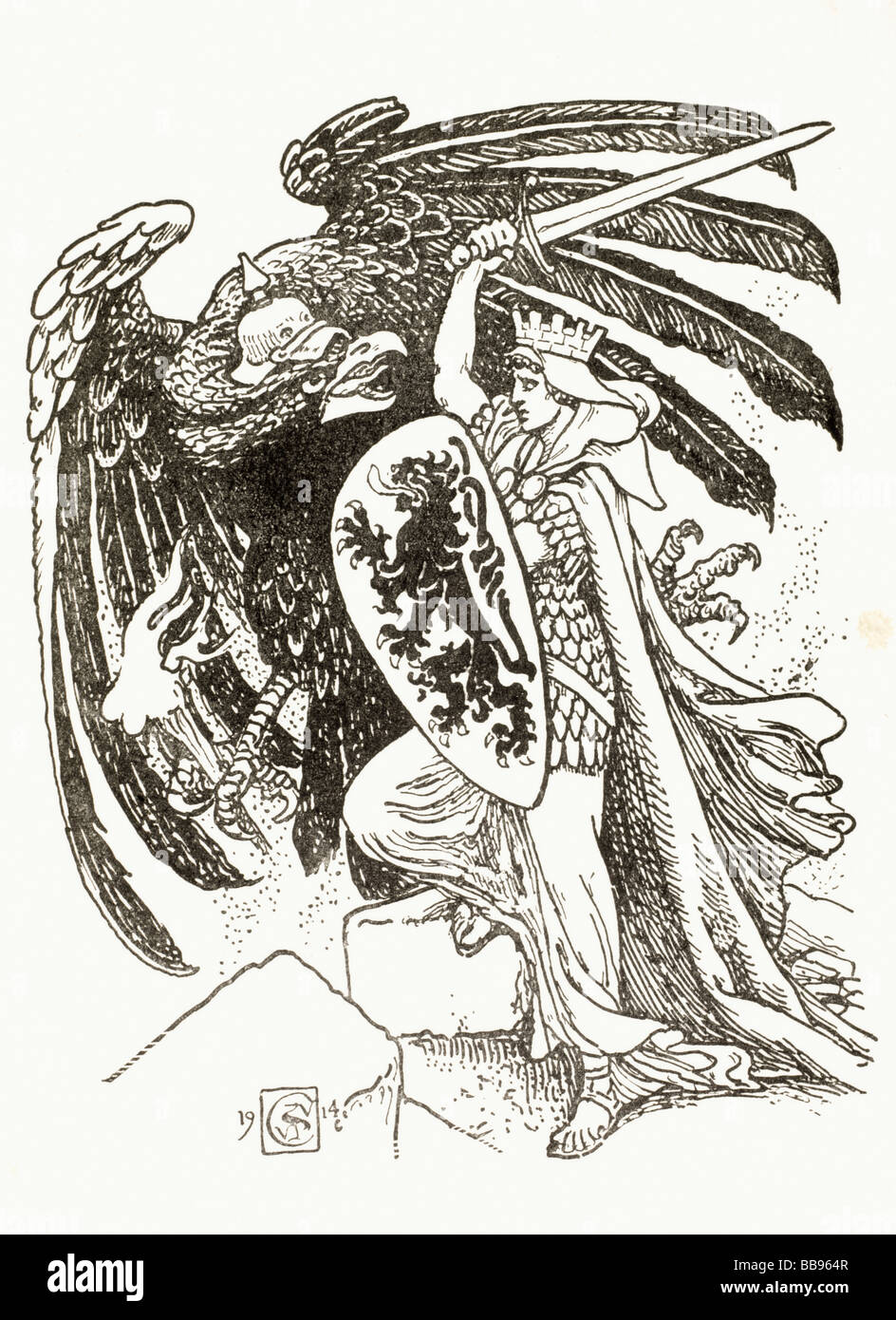 Ein Krieger mit einem Schild mit einem Löwen aus dem belgischen Wappen blasoniert Schlachten den deutschen Adler Stockfoto
