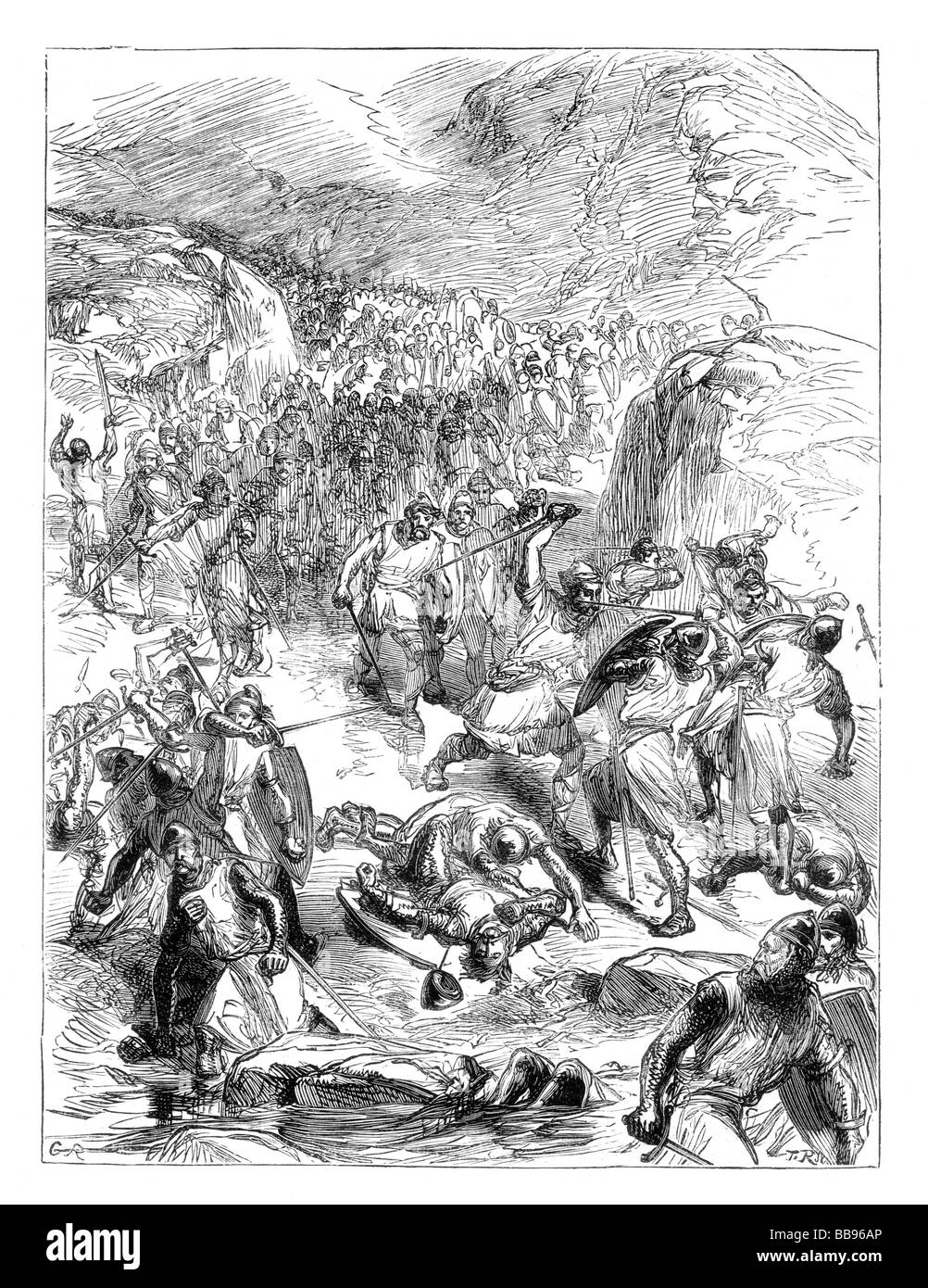 Niederlage des Englischen durch die Waliser in Berwyn 1165: Schlacht von Crogen. Schwarz und weiß Abbildung: Stockfoto