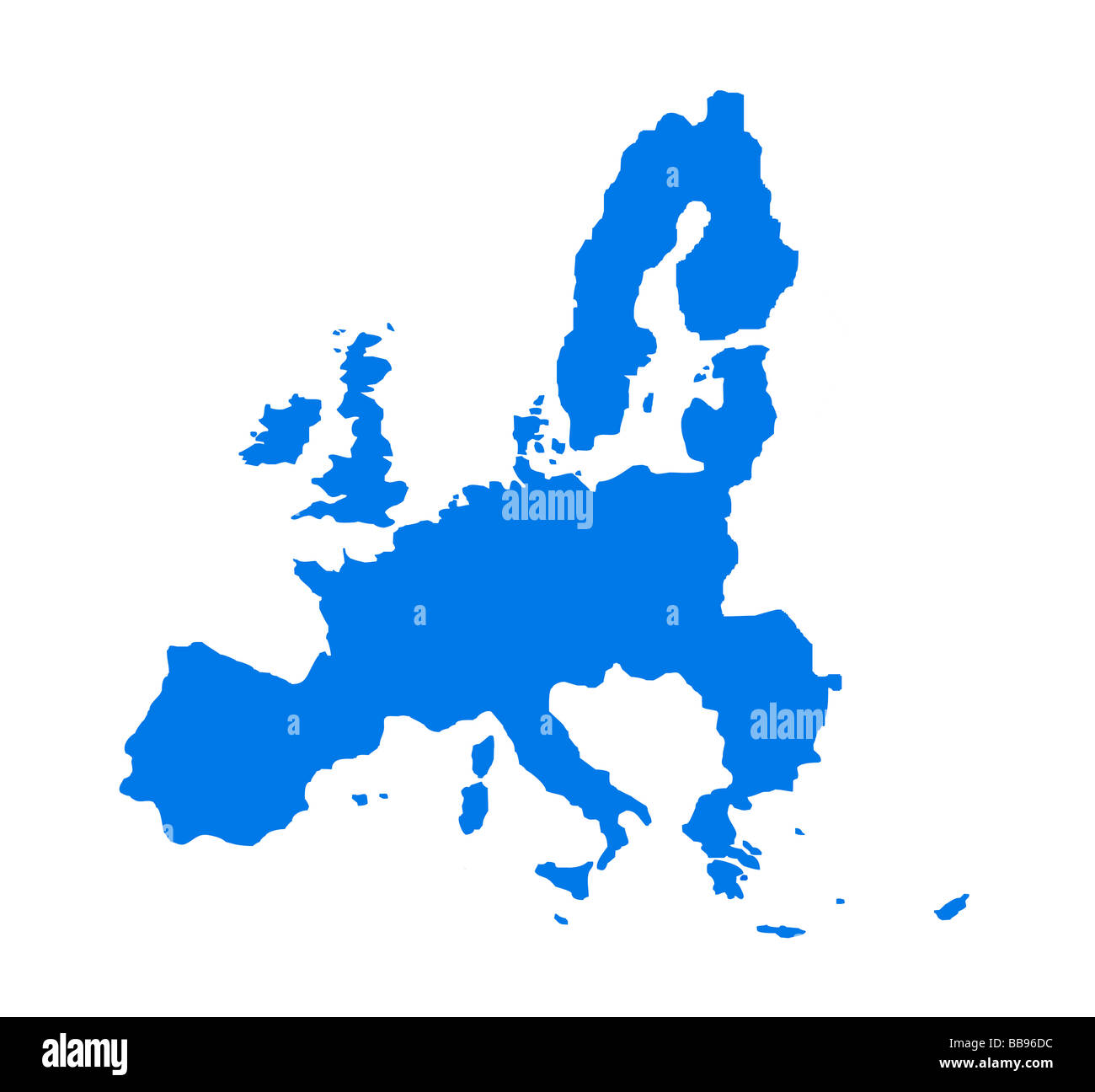 Der Umriß der Länder der Europäischen Wirtschaftsunion in blau auf weißem Hintergrund isoliert Stockfoto
