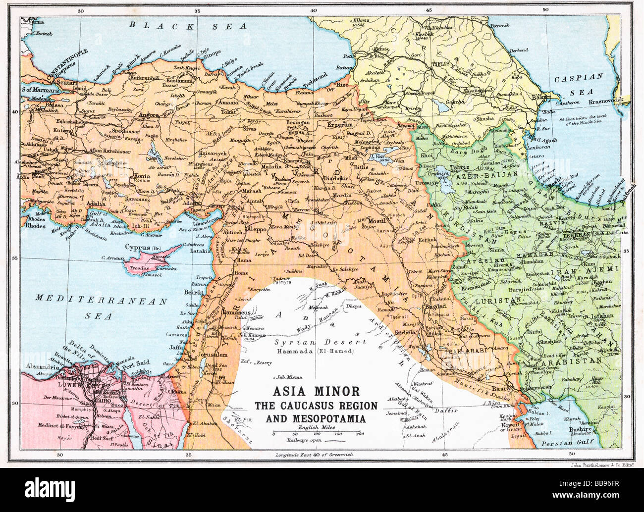 Karte von Kleinasien, Kaukasus und Mesopotamien zu Beginn des Ersten Weltkriegs Stockfotografie