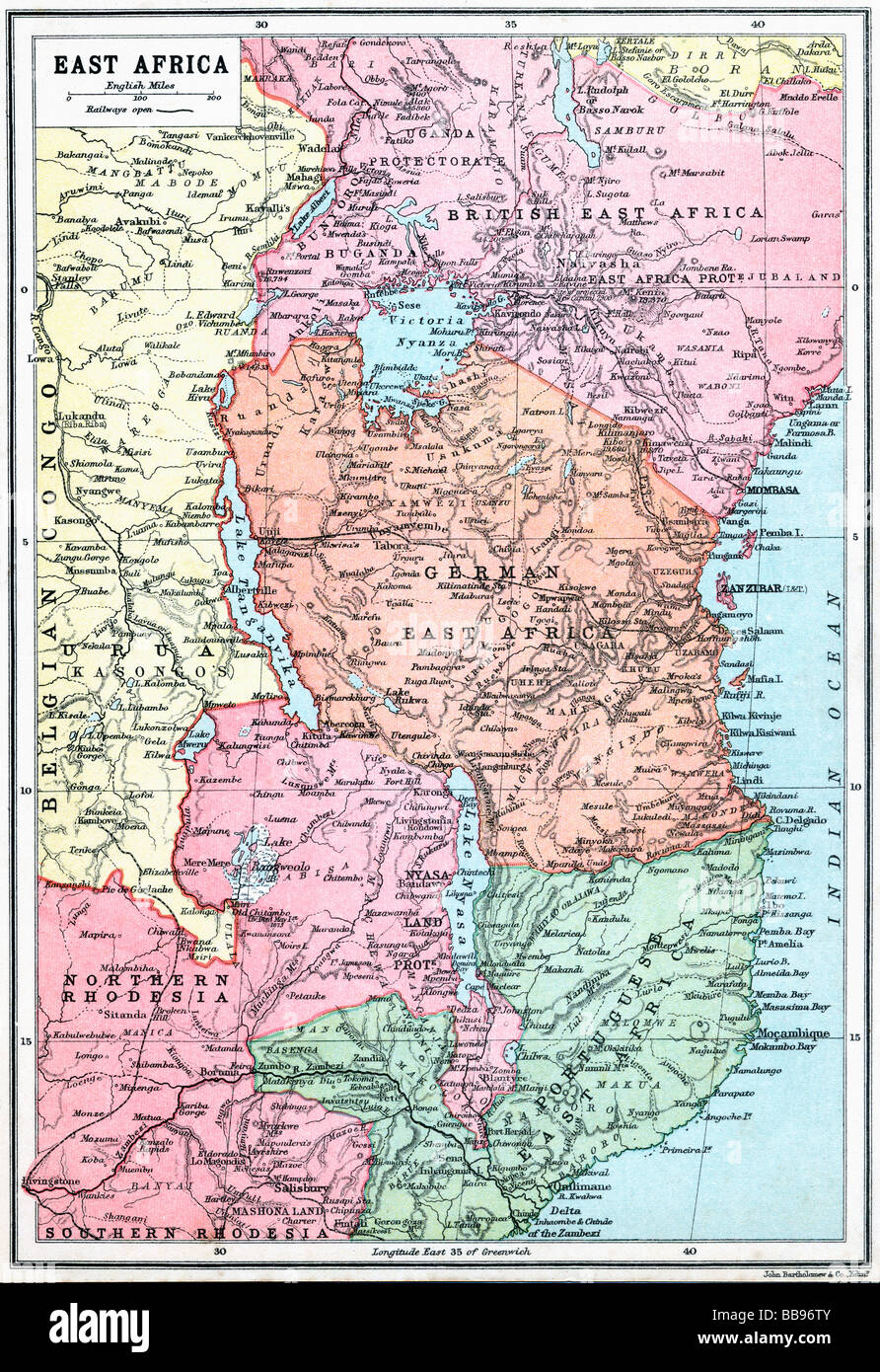 Karte von Ostafrika zu Beginn des ersten Weltkrieges. Stockfoto