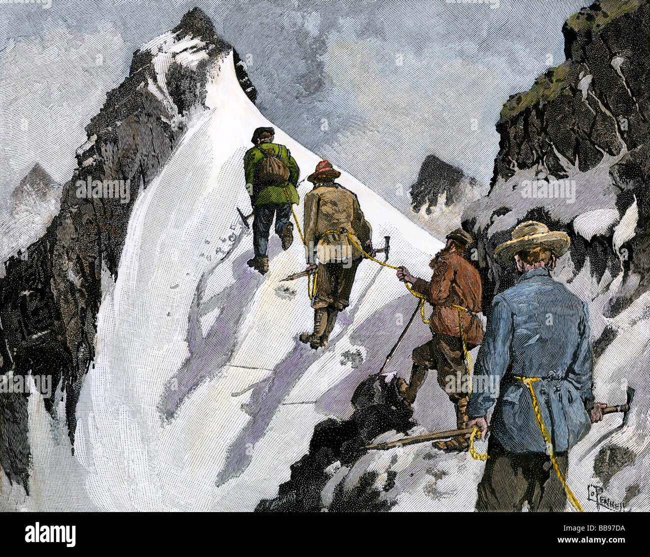 Bergsteiger auf eine Rinne in den Alpen ca. 1890. Hand - farbige Holzschnitt Stockfoto