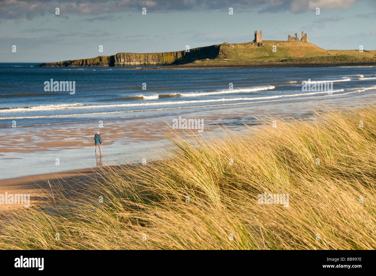 Embleton Bay mit Dunstanburgh Castle in die Ferne, Northumberland, England, UK Stockfoto