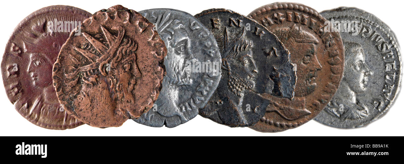 Römische Münzen. Von links nach rechts: Constantinus I; Tetricus I; Antonius; Pius Gallenius; Maximianus; Gordian III. Stockfoto