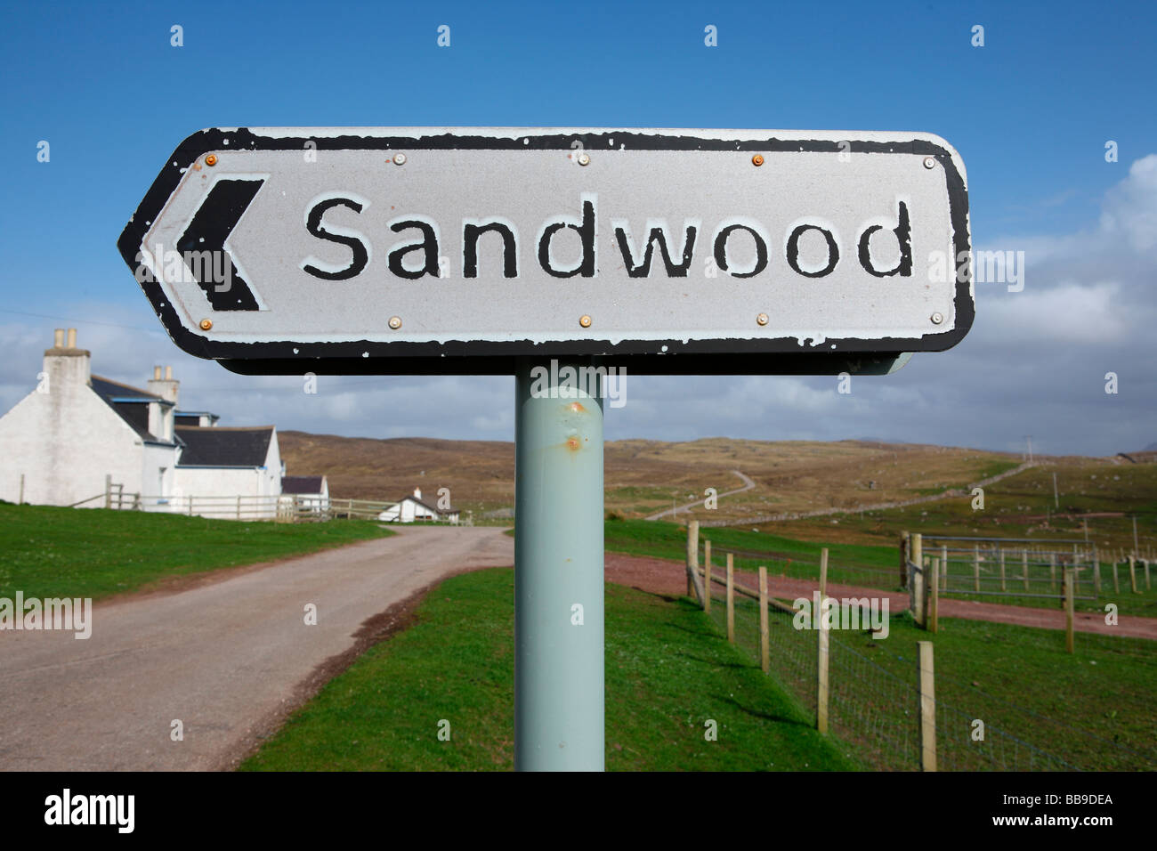 Straße Zeichen Regie Sandwood Bay am weitesten entfernten Strand in UK Sutherland nördlichen Schottland Großbritannien UK Stockfoto