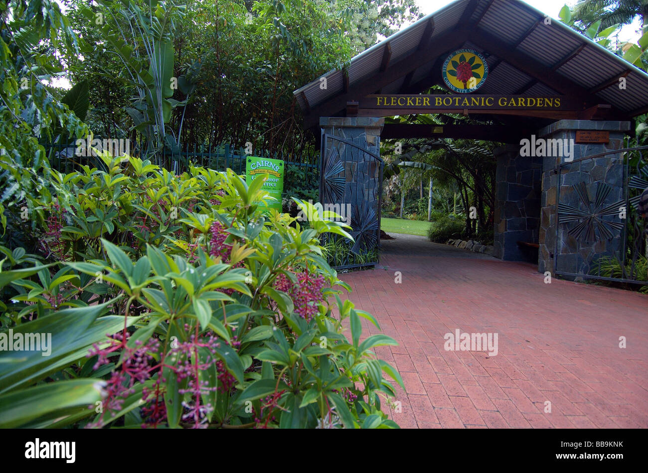 Eingang des Flecker Botanic Gardens, Cairns, North Queensland, Australien. Keine PR Stockfoto