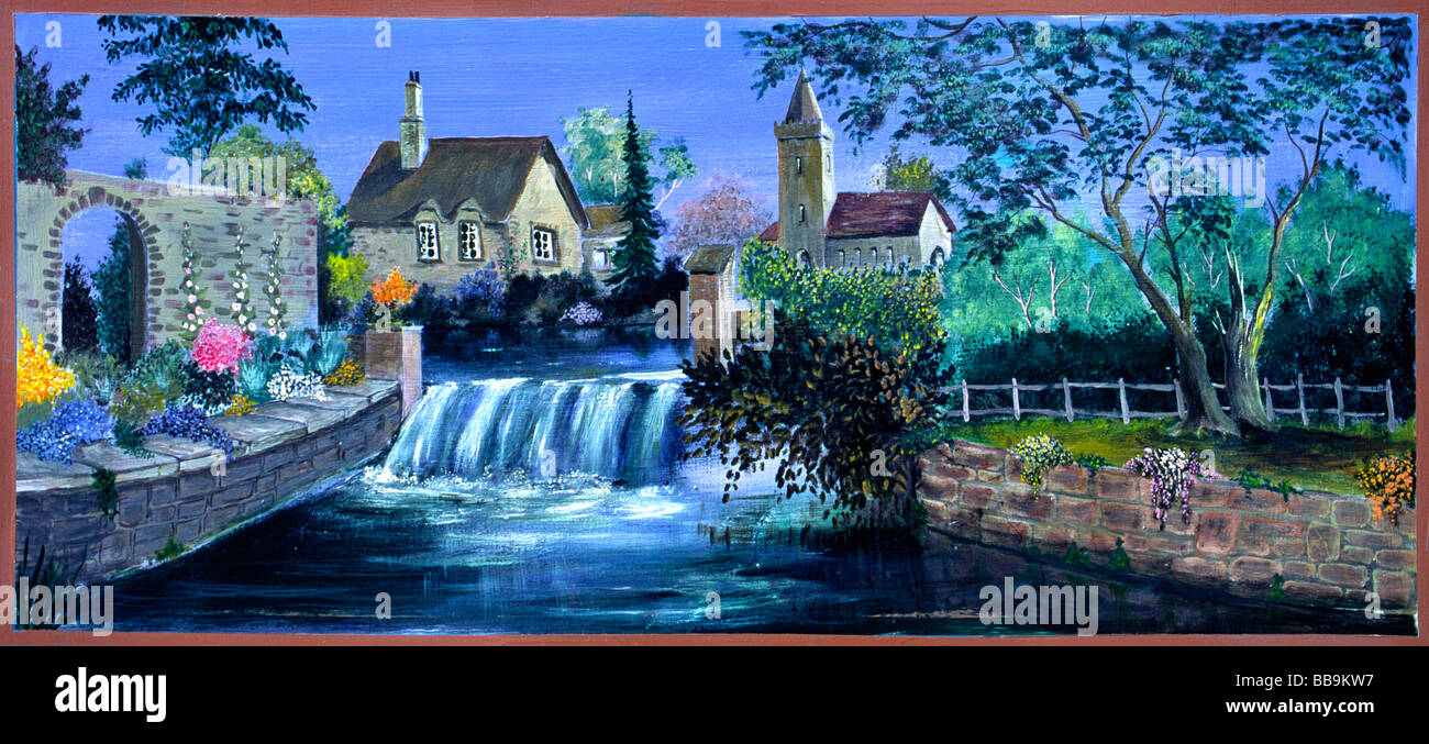 Englische Landschaftsmalerei von einer ländlichen Szene mit Mühle und Wassermühle Warwickshire, England Großbritannien Stockfoto