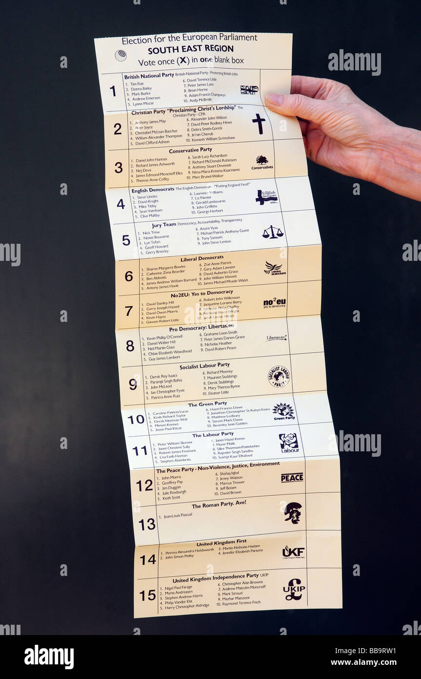 Postalische Wähler Stimmzettel Papiere für das Europäische Parlament Inserat 15 Kandidaten aus verschiedenen Parteien Südost England Region 2009 Stockfoto