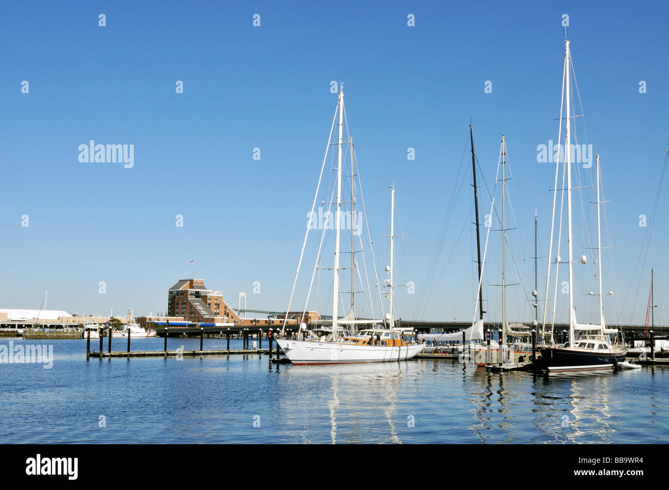 Segelboote in "Hafen von Newport Rhode Island" mit "Hyatt Regency Hotel" am "Goat Island" in Ferne angedockt Stockfoto