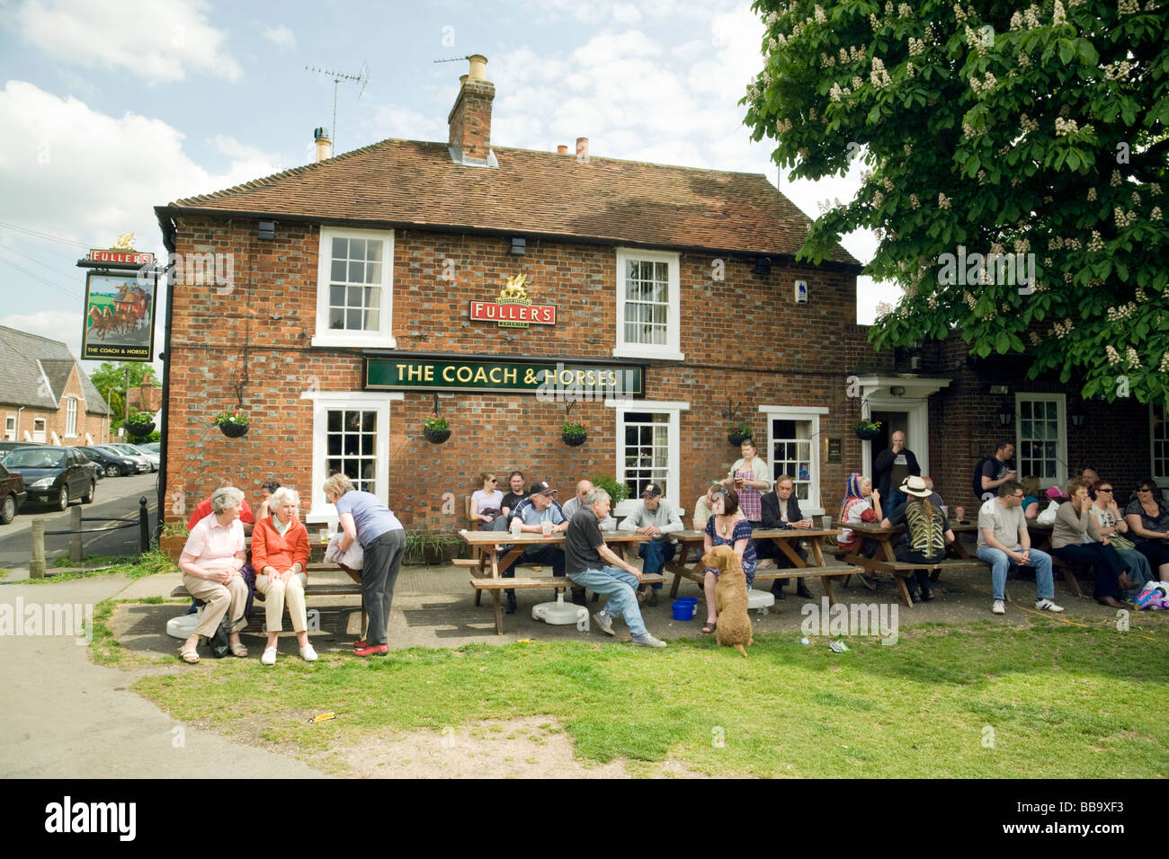 Menschen trinken auf dem Grün vor einem Stadt-Pub, The Coach und Pferde, Wallingford, Oxfordshire Stockfoto