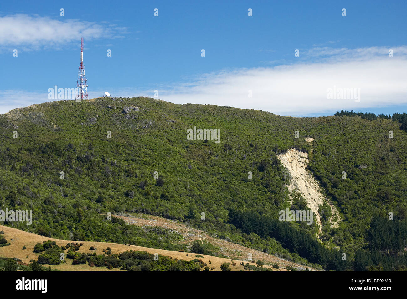 Erdrutsch und TV-Mast Mt Cargill Dunedin Otago Süd-Insel Neuseeland Stockfoto
